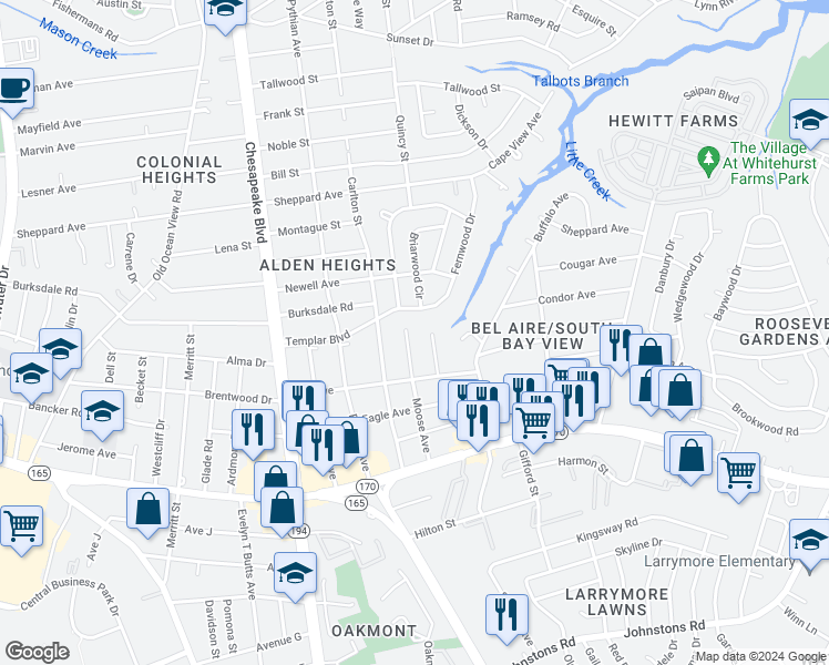 map of restaurants, bars, coffee shops, grocery stores, and more near 8068 Moose Avenue in Norfolk