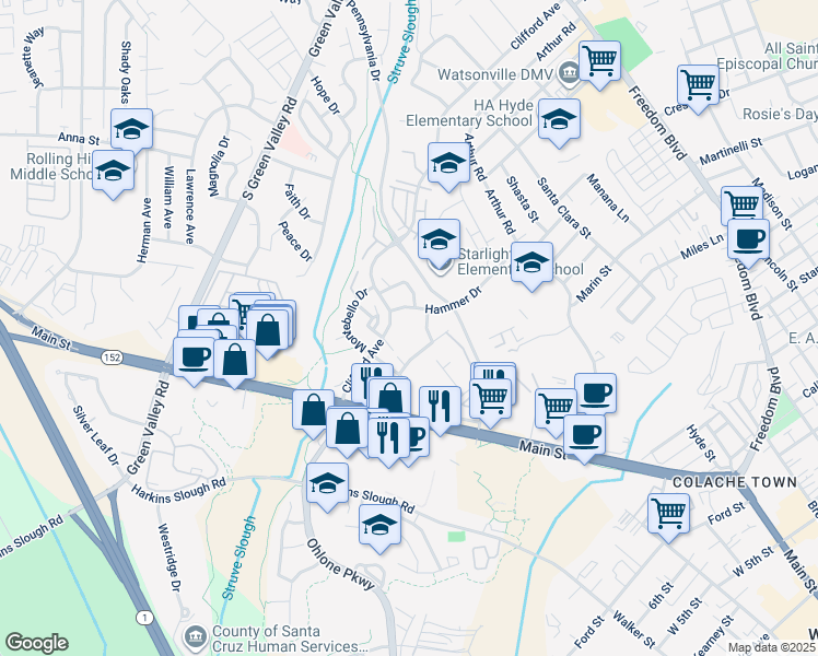 map of restaurants, bars, coffee shops, grocery stores, and more near 375 Clifford Avenue in Watsonville