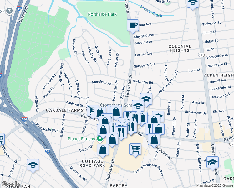 map of restaurants, bars, coffee shops, grocery stores, and more near 8040 Van Patten Road in Norfolk