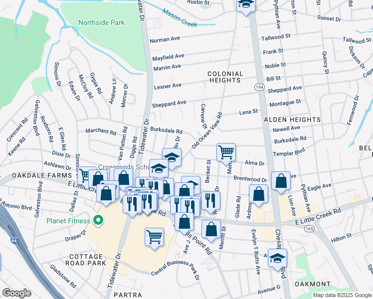 map of restaurants, bars, coffee shops, grocery stores, and more near 8117 Old Ocean View Road in Norfolk