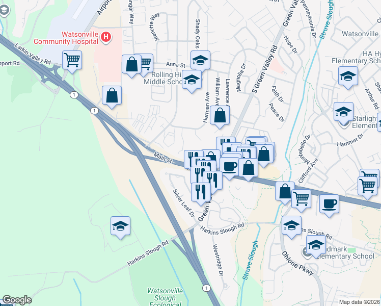 map of restaurants, bars, coffee shops, grocery stores, and more near 40 Eileen Street in Watsonville