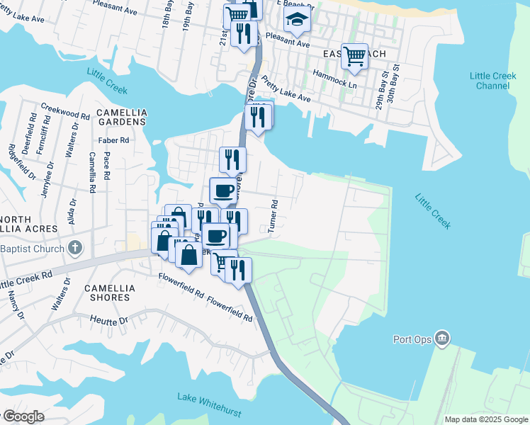map of restaurants, bars, coffee shops, grocery stores, and more near 4309 Tides Court in Norfolk