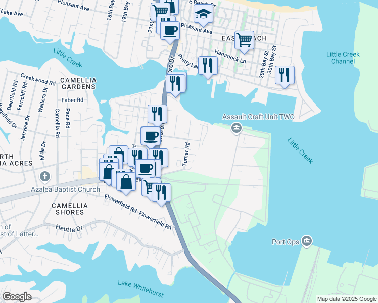 map of restaurants, bars, coffee shops, grocery stores, and more near 7932 Turner Road in Norfolk