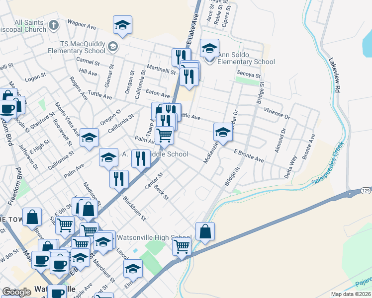 map of restaurants, bars, coffee shops, grocery stores, and more near 341 Manor Avenue in Watsonville