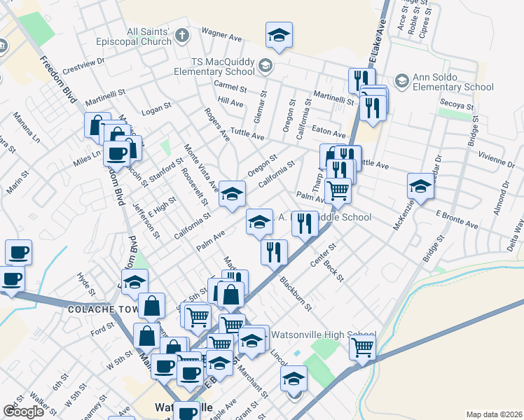 map of restaurants, bars, coffee shops, grocery stores, and more near 206 Brewington Avenue in Watsonville