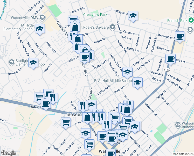 map of restaurants, bars, coffee shops, grocery stores, and more near 21 East High Street in Watsonville