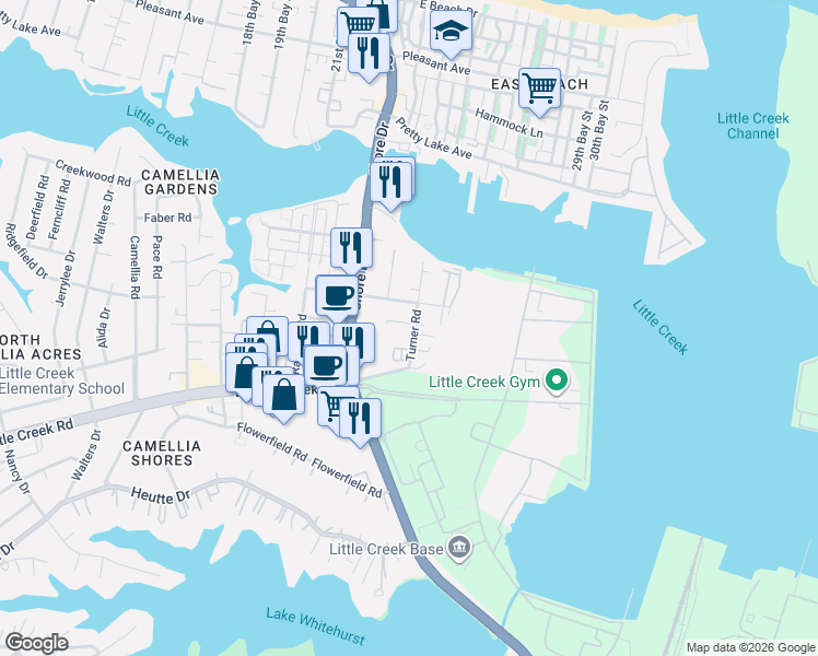 map of restaurants, bars, coffee shops, grocery stores, and more near 7921 Turner Road in Norfolk