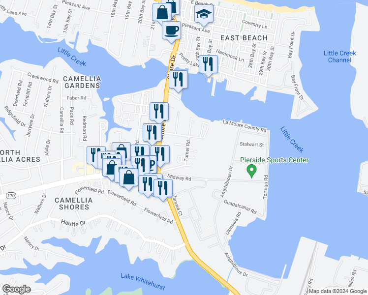 map of restaurants, bars, coffee shops, grocery stores, and more near 7921 Turner Road in Norfolk