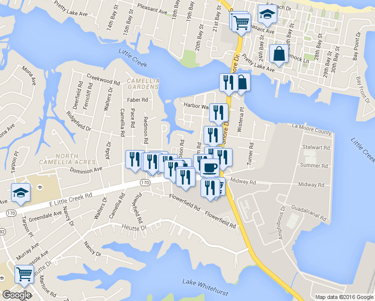 map of restaurants, bars, coffee shops, grocery stores, and more near 7940 Thompson Road in Norfolk
