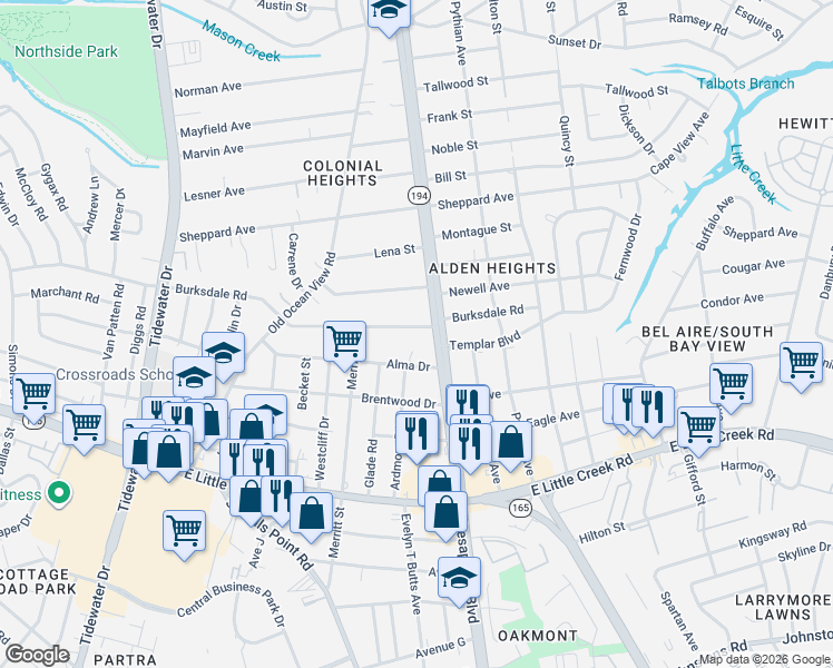 map of restaurants, bars, coffee shops, grocery stores, and more near 943 Burksdale Road in Norfolk