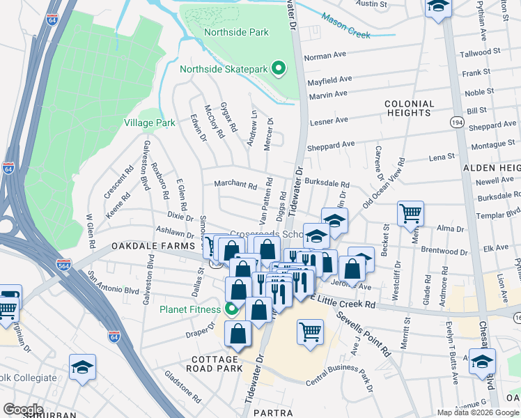 map of restaurants, bars, coffee shops, grocery stores, and more near 578 McFarland Road in Norfolk