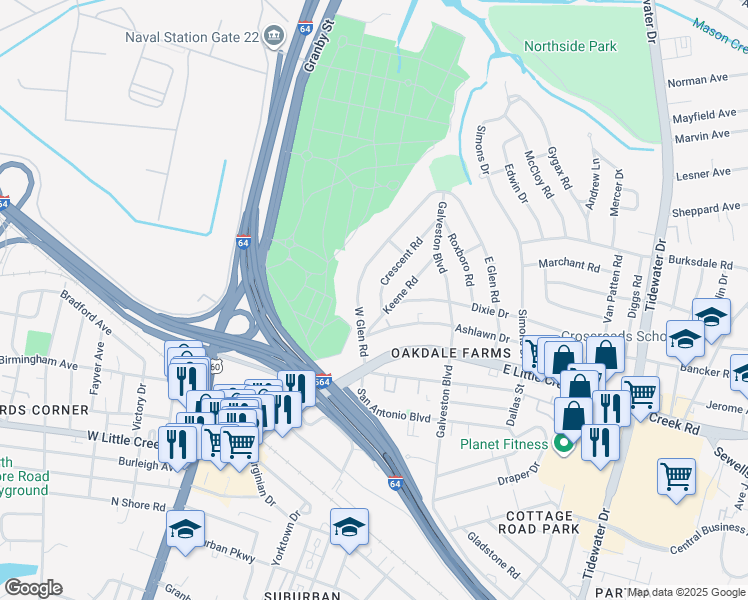 map of restaurants, bars, coffee shops, grocery stores, and more near 7934 Keene Road in Norfolk