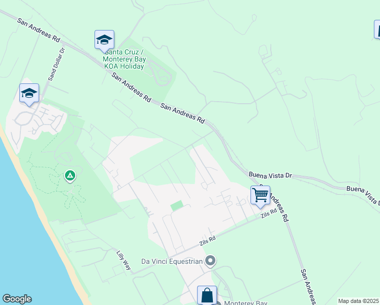 map of restaurants, bars, coffee shops, grocery stores, and more near 21 Crest Lane in La Selva Beach