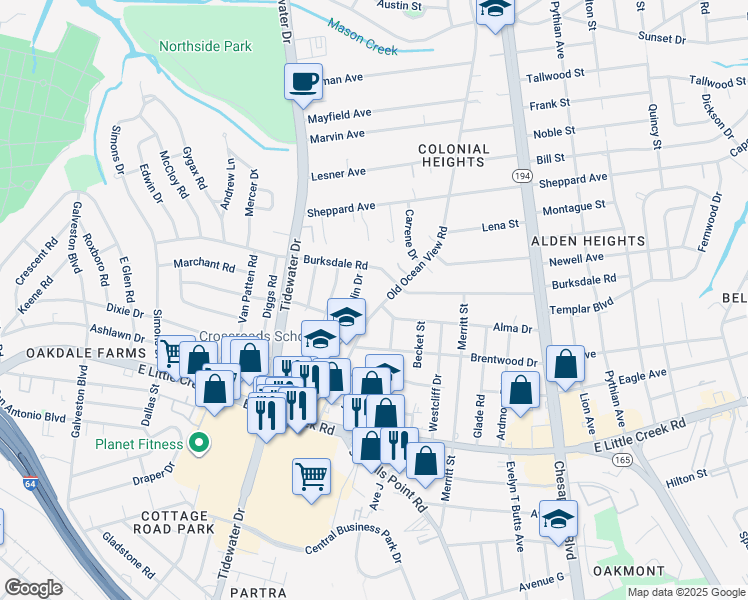 map of restaurants, bars, coffee shops, grocery stores, and more near 8117 Old Ocean View Road in Norfolk
