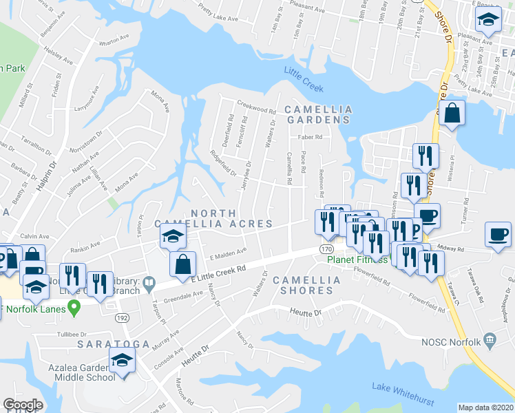 map of restaurants, bars, coffee shops, grocery stores, and more near 8024 Walters Drive in Norfolk