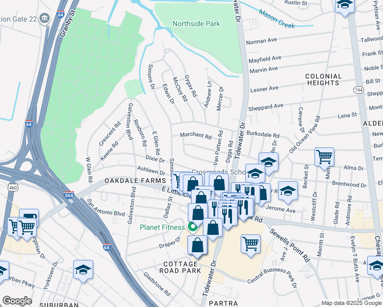 map of restaurants, bars, coffee shops, grocery stores, and more near 546 McFarland Road in Norfolk