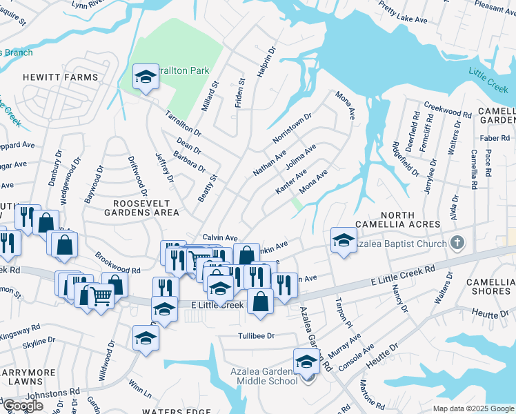 map of restaurants, bars, coffee shops, grocery stores, and more near 8209 Kanter Avenue in Norfolk
