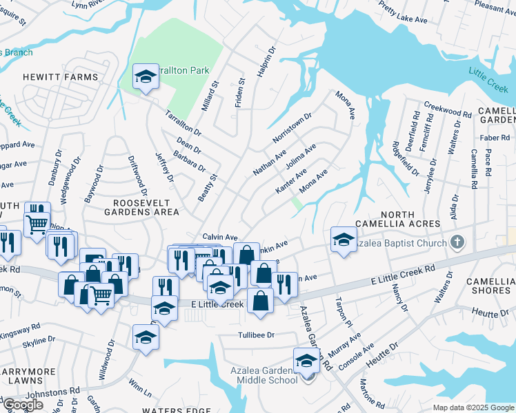 map of restaurants, bars, coffee shops, grocery stores, and more near 8209 Kanter Avenue in Norfolk