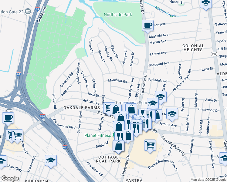 map of restaurants, bars, coffee shops, grocery stores, and more near 549 McFarland Road in Norfolk