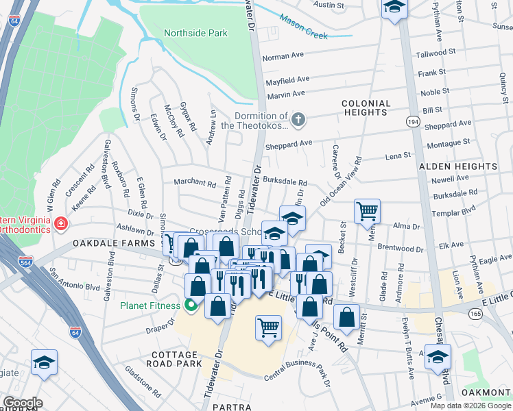 map of restaurants, bars, coffee shops, grocery stores, and more near 8100 Tidewater Drive in Norfolk