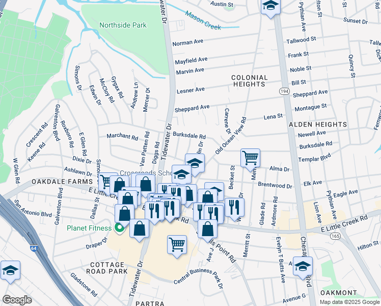 map of restaurants, bars, coffee shops, grocery stores, and more near 8101 Colin Drive in Norfolk