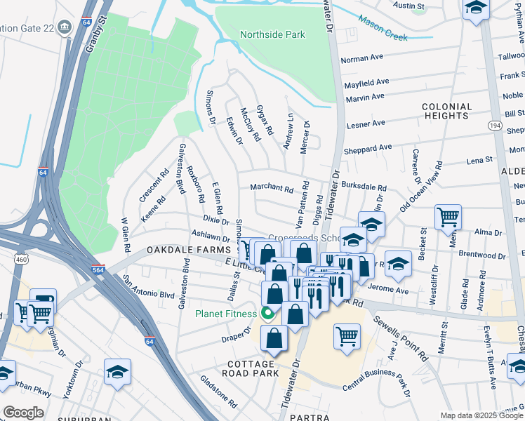 map of restaurants, bars, coffee shops, grocery stores, and more near 549 McFarland Road in Norfolk