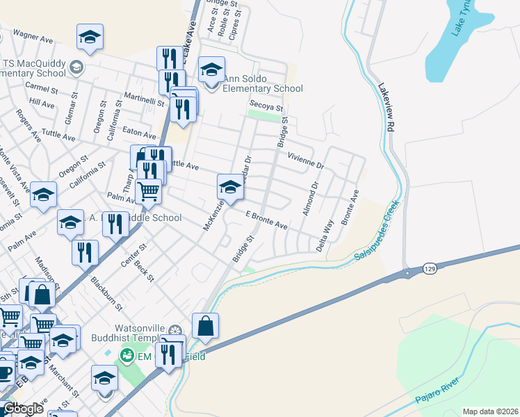 map of restaurants, bars, coffee shops, grocery stores, and more near 501 Cedar Drive in Watsonville