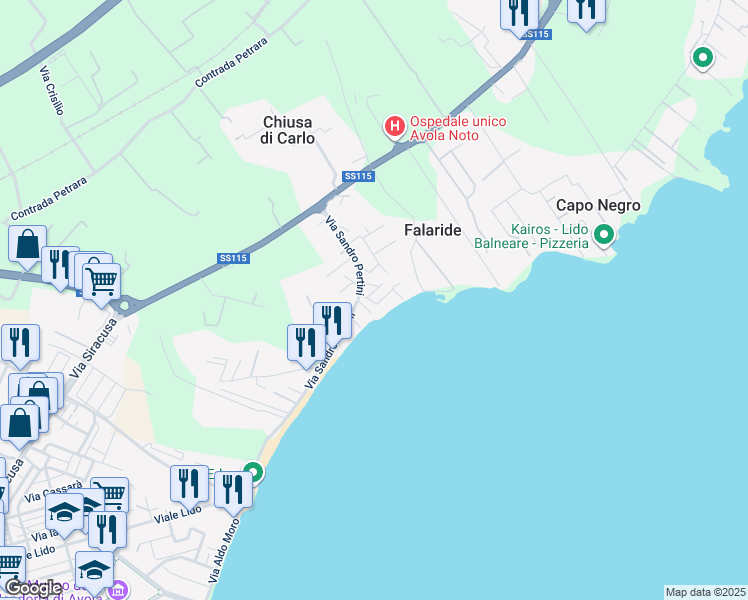 map of restaurants, bars, coffee shops, grocery stores, and more near 7 Via Pico della Mirandola in Avola