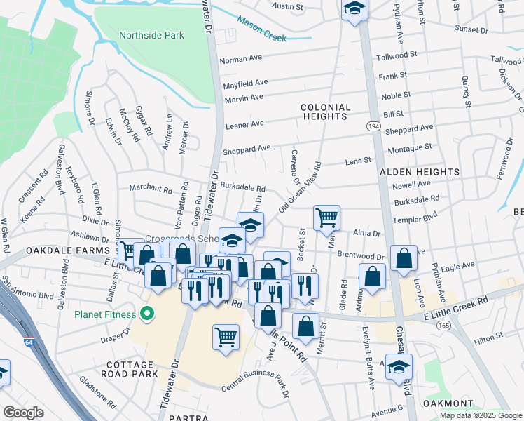 map of restaurants, bars, coffee shops, grocery stores, and more near 8107 Old Ocean View Road in Norfolk