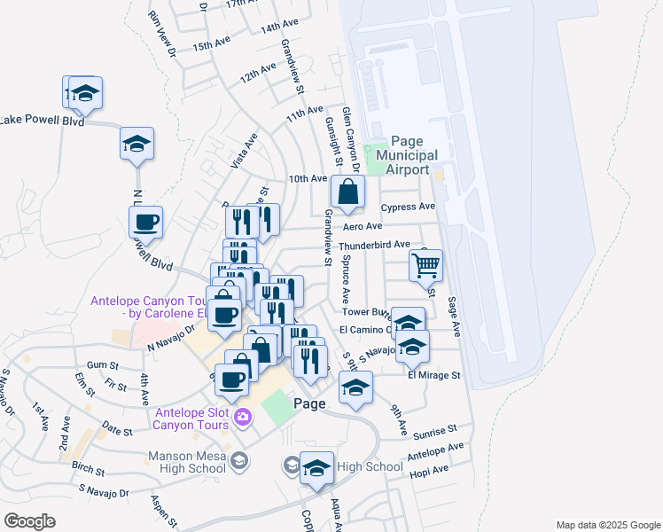 map of restaurants, bars, coffee shops, grocery stores, and more near 845 Grandview Street in Page