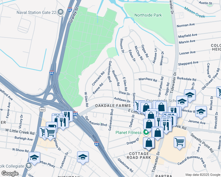 map of restaurants, bars, coffee shops, grocery stores, and more near 8001 Galveston Boulevard in Norfolk