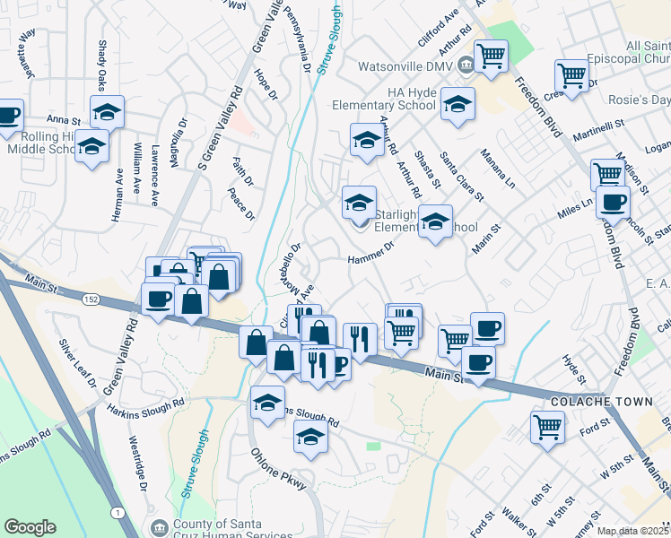 map of restaurants, bars, coffee shops, grocery stores, and more near 375 Clifford Avenue in Watsonville