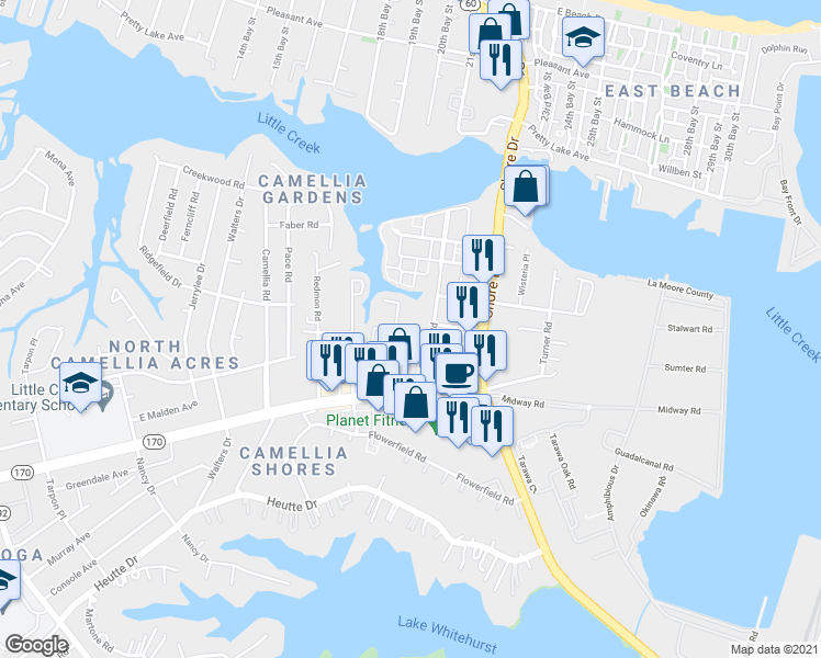 map of restaurants, bars, coffee shops, grocery stores, and more near 7940 Thompson Road in Norfolk