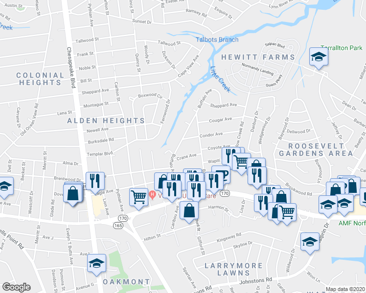 map of restaurants, bars, coffee shops, grocery stores, and more near 1530 Crane Avenue in Norfolk