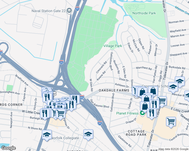 map of restaurants, bars, coffee shops, grocery stores, and more near 7934 Keene Road in Norfolk