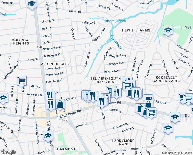 map of restaurants, bars, coffee shops, grocery stores, and more near 1530 Crane Avenue in Norfolk