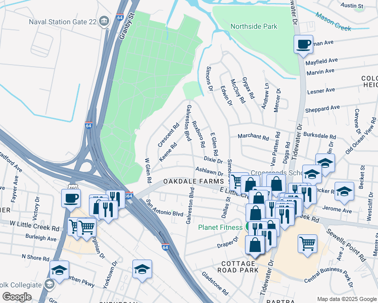 map of restaurants, bars, coffee shops, grocery stores, and more near 8001 Galveston Boulevard in Norfolk
