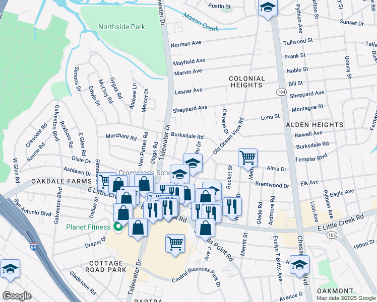 map of restaurants, bars, coffee shops, grocery stores, and more near 8120 Foxdale Drive in Norfolk