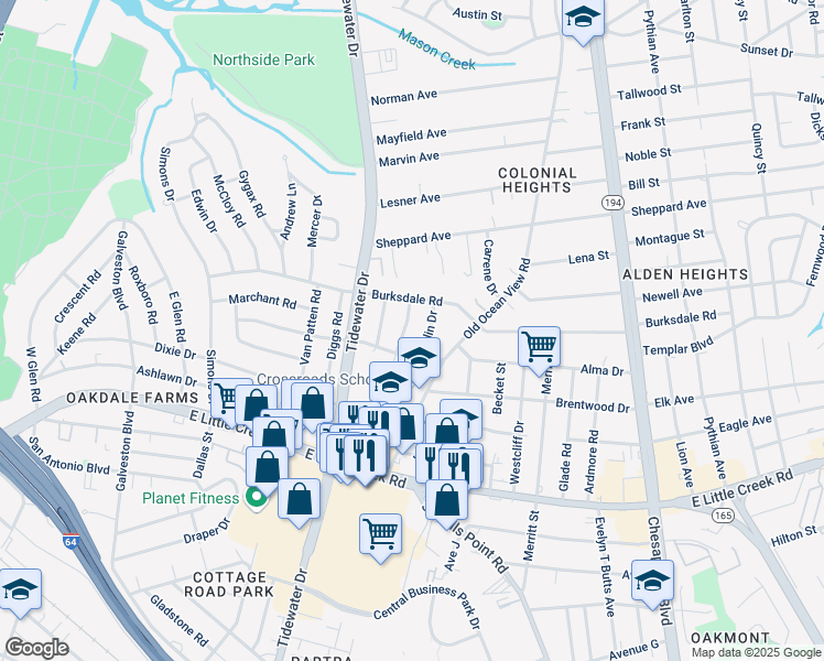 map of restaurants, bars, coffee shops, grocery stores, and more near 8120 Foxdale Drive in Norfolk