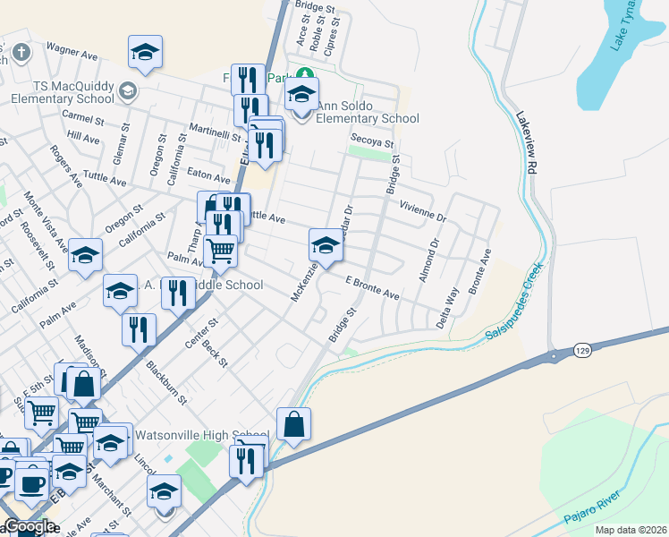 map of restaurants, bars, coffee shops, grocery stores, and more near 663 Bronte Avenue in Watsonville