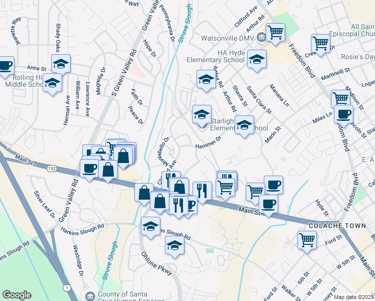 map of restaurants, bars, coffee shops, grocery stores, and more near 375 Clifford Avenue in Watsonville