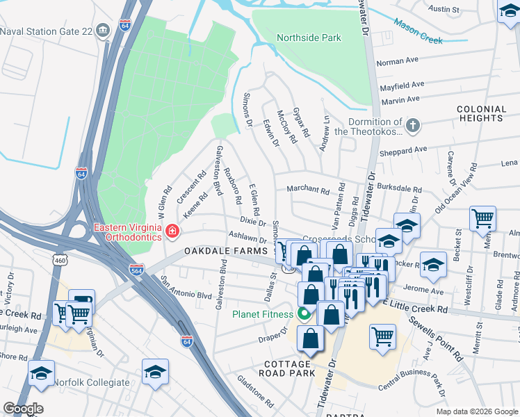 map of restaurants, bars, coffee shops, grocery stores, and more near 417 Dixie Drive in Norfolk