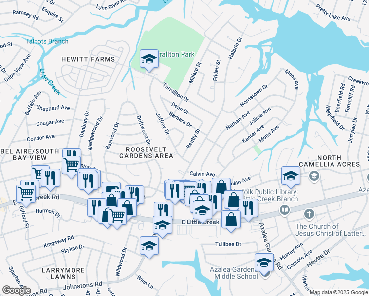 map of restaurants, bars, coffee shops, grocery stores, and more near 8129 Beatty Street in Norfolk
