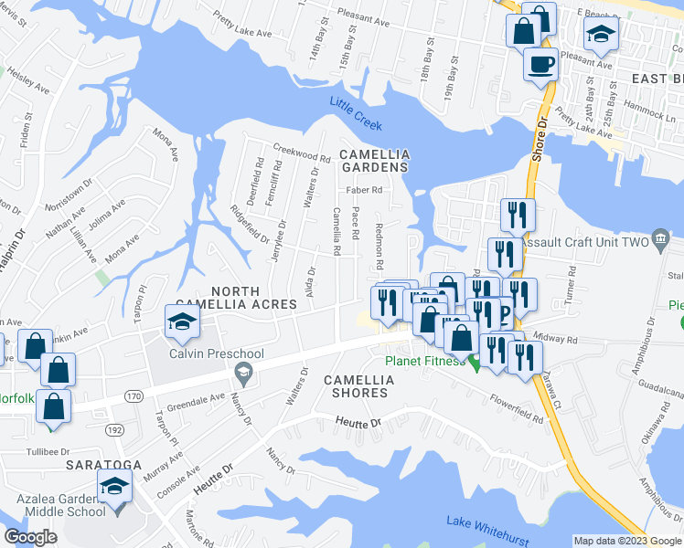 map of restaurants, bars, coffee shops, grocery stores, and more near 8032 Camellia Road in Norfolk