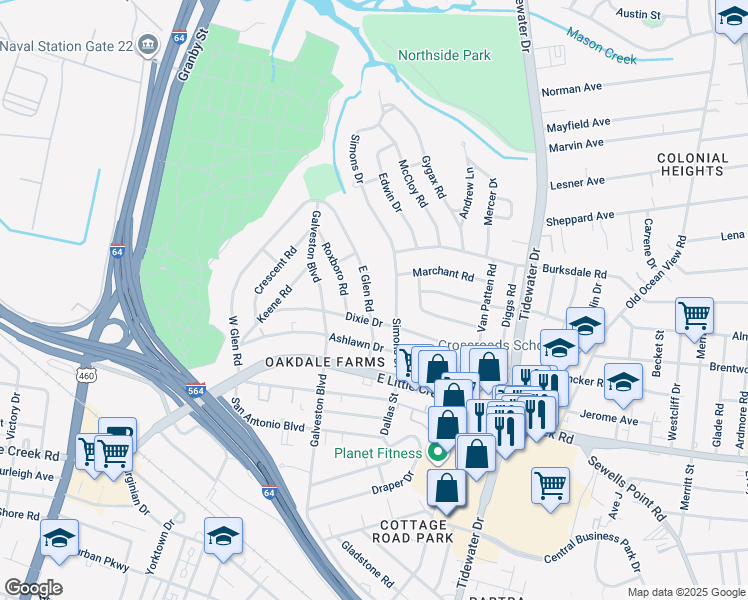 map of restaurants, bars, coffee shops, grocery stores, and more near 417 Dixie Drive in Norfolk
