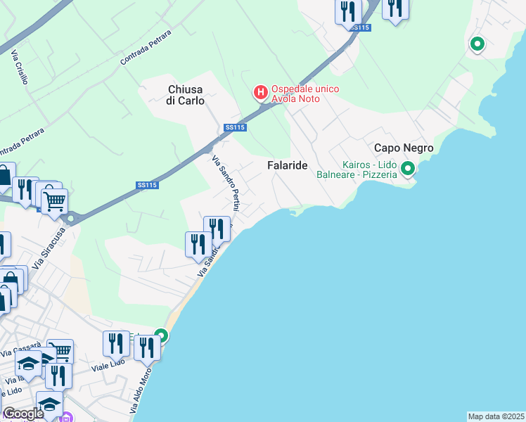 map of restaurants, bars, coffee shops, grocery stores, and more near 5-7 Via Pico della Mirandola in Avola