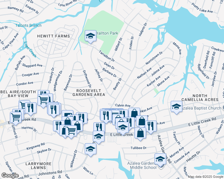 map of restaurants, bars, coffee shops, grocery stores, and more near 8129 Beatty Street in Norfolk
