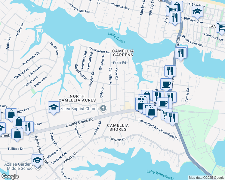 map of restaurants, bars, coffee shops, grocery stores, and more near 8032 Camellia Road in Norfolk