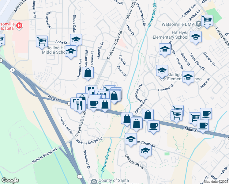 map of restaurants, bars, coffee shops, grocery stores, and more near 2 Contento Drive in Watsonville