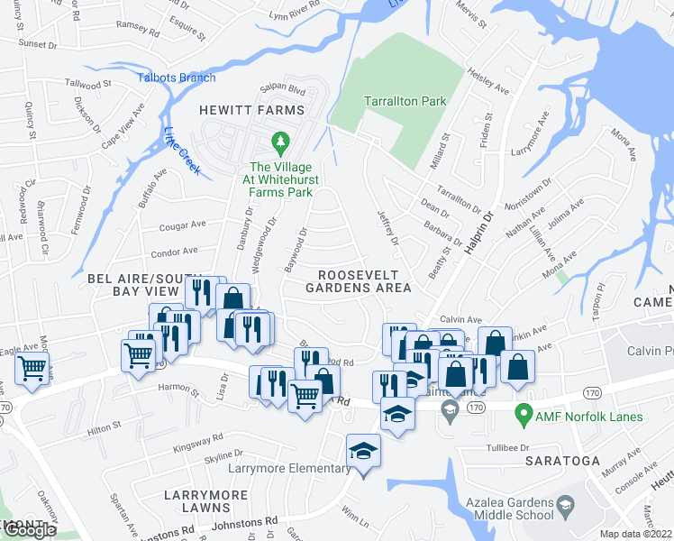 map of restaurants, bars, coffee shops, grocery stores, and more near 1847 Springwood Street in Norfolk